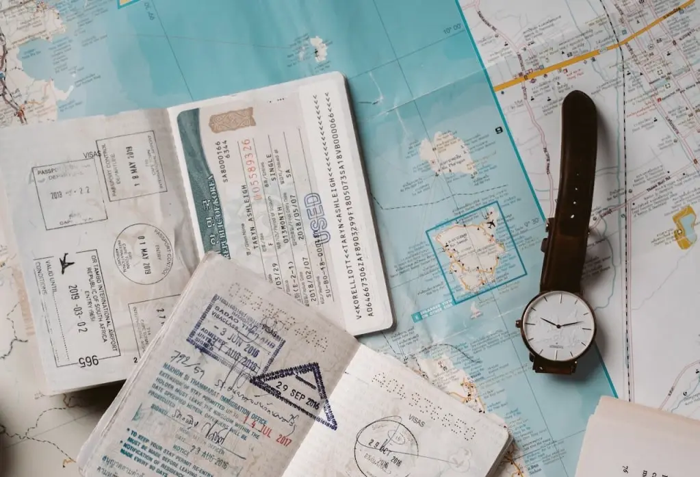 passport with clocks and map